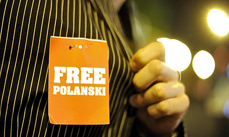 Chorus of disapproval … a man wears a 'Free Polanski' sign on his shirt at the Zurich film festival. Photograph: Sebastien Bozon/AFP/Getty Images